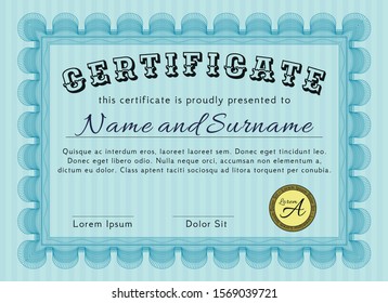 Light blue Awesome Certificate template. With guilloche pattern. Retro design. Customizable, Easy to edit and change colors. 