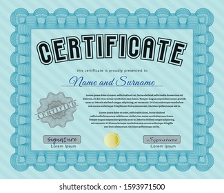Light blue Awesome Certificate template. With quality background. Money Pattern. Detailed. 