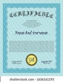 Light blue Awesome Certificate template. Complex background. Nice design. Detailed. 