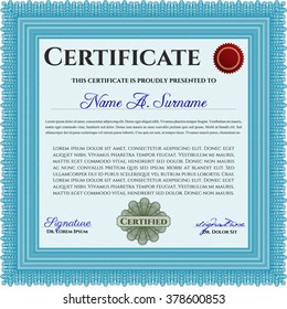 Light blue Awesome Certificate template. With guilloche pattern. Money style design. Design template. 