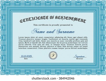 Light blue Awesome Certificate template. With great quality guilloche pattern. Money Pattern. Award. 
