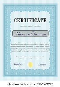 Light blue Awesome Certificate template. Beauty design. With great quality guilloche pattern. Customizable, Easy to edit and change colors. 