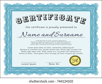Light blue Awesome Certificate template. Easy to print. Perfect design. Detailed. 