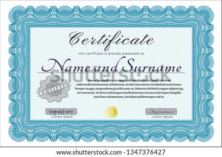 Light blue Awesome Certificate template. Detailed. With great quality guilloche pattern. Sophisticated design. 