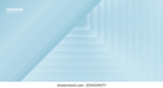 Light blue background with angled, layered lines creating a three-dimensional effect. Abstract 3D render of a modern, empty white corridor with blue accents, suggesting a futuristic business interior.