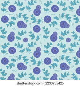 Light blue background with blueberries and leaves. Decorative seamless pattern for wrapping paper, wallpaper, textile, greeting cards and invitations.