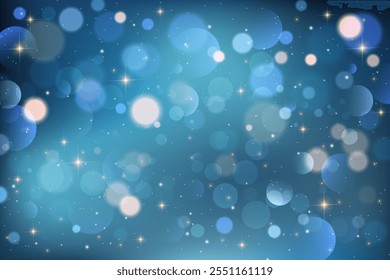 Light blue background with bokeh. Soft blurred sky with sparkles and glitter. Bright bubbles on gradient backdrop. Dreamy winter night vector wallpaper