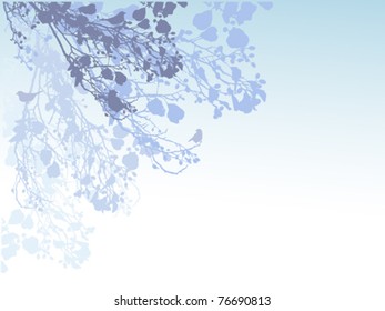 Light blue background with branches and birds.
