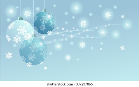 Light blue background for the Christmas and New Year greeting card with balls.