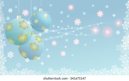Light blue background for the Christmas and New Year greeting card with balls.