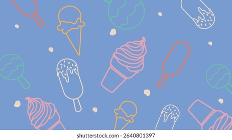 Light blue background with colorful illustrations of ice cream cones, scoops, and popsicles. A fresh, cool dessert design with playful visual energy.