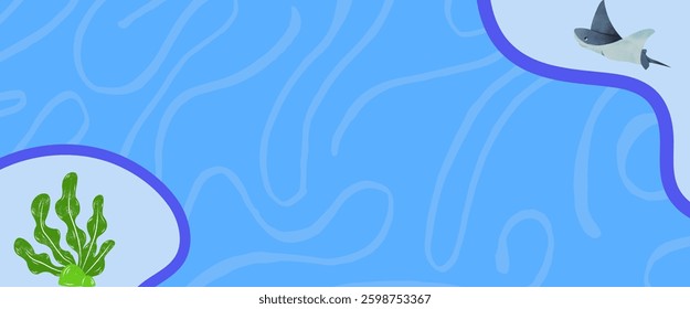 light blue background decorated with fine curved lines, seaweed and stingrays