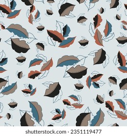 A light blue background featuring falling autumn leaves of rust, black, blue and tan creating a vector repeat seamless pattern design.