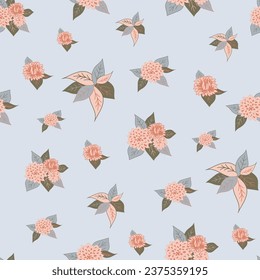 A light blue background featuring scattered mums of orange and salmon colors create this vector repeat seamless pattern design.