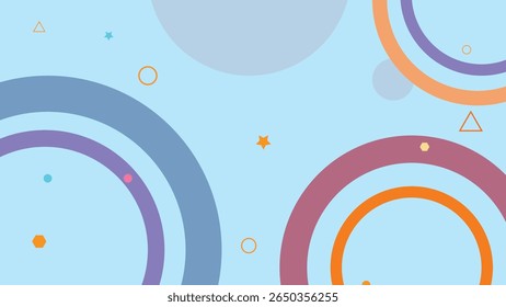 A light blue background filled with a playful arrangement of large abstract circles, arcs, and smaller geometric shapes in muted pastel tones, creating a whimsical and modern design.


