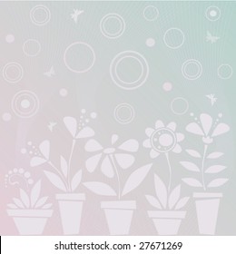 Light blue background with flowers in pots