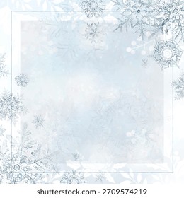 Un fondo azul claro con una textura escarchada, con copos de nieve. El fondo es azul helado, creando una sensación invernal. Fondo de invierno con Vector de espacio de copia.