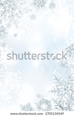 A light blue background with a frosty texture, featuring intricate snowflakes. The blue background adds a cool, wintry feel. Winter background with copy space vector.