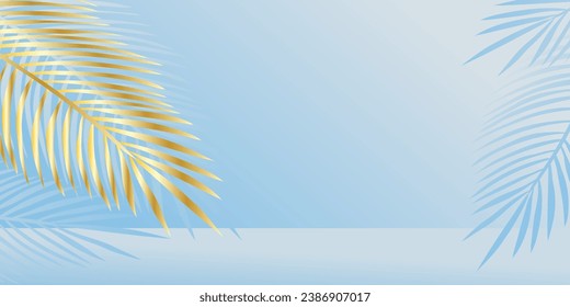 Light blue background with golden palm leaf and leaves shadow for product presentation