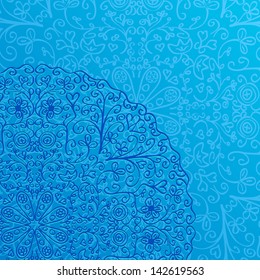 Light Blue Background with Half Mandala Ornament in the Corner. Vector Invitation