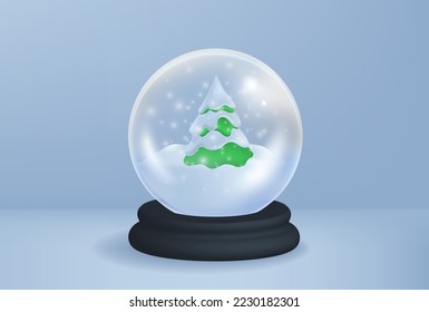 light blue background Happy New Year. Merry Christmas ball with green pine tree covered snow, on studio scene, realistic 3d mockup. Holidays decorations glass globe. Vector illustration