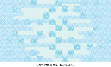 Ilustración de fondo azul claro con patrón de comprobación, patrón de onda continua y patrón de niebla.