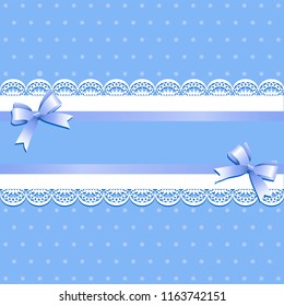 Light blue background with lilac ribbons and bows. Vintage background with lace border and satin ribbon with bows. Invitation card or shower template. Vector illustration.