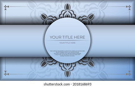 Light blue background with luxurious black vintage ornaments and place for text. Print-ready invitation design with vintage ornaments.