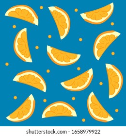 Es ist ein hellblauer Hintergrund mit Orangen. Das ist eine Fruchtstruktur mit ökologischen Produkten.