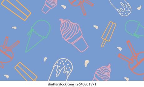 Light blue background with outlined dessert icons like cones, popsicles, and ice cream cups. Fresh, bright, and summery food design for fun visuals.