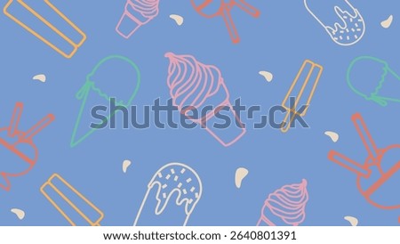 Light blue background with outlined dessert icons like cones, popsicles, and ice cream cups. Fresh, bright, and summery food design for fun visuals.