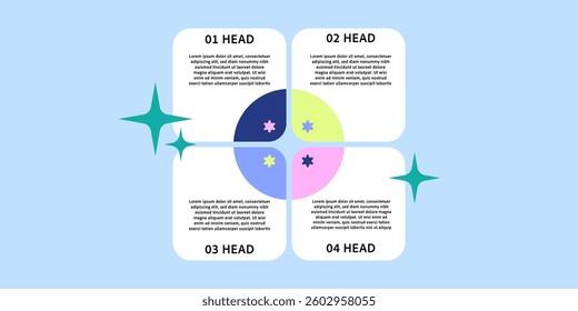 Light blue background with pastel pink, yellow, blue, and purple elements in a modern infographic. Four rounded white text boxes surround a central circular graphic with star-like accents.