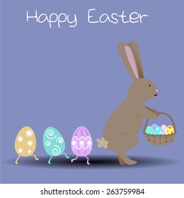 a light blue background with a rabbit and a lot of eggs for easter day