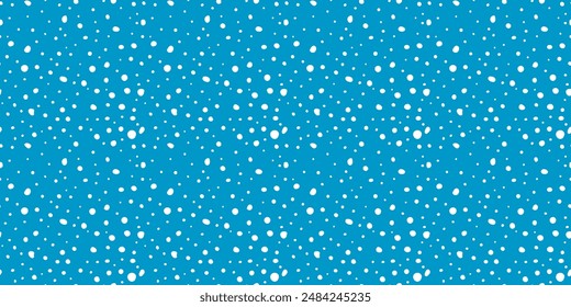 Light blue background and randomly placed flakes. Vector seamless pattern of white dots of different sizes.