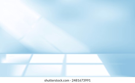 Light blue background, studio interior with shadows from white windows, product display backdrop with illuminated wallpaper and floor, text insertion room and presentation.