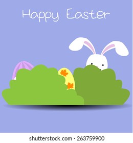 a light blue background with text, a rabbit and some eggs for easter day
