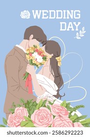 Light blue background. Wedding illustration.