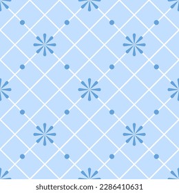 Light blue background, white lines, diagonal strips. Decorated with blue flowers and small blue circles, it is a seamless pattern that is beautiful, cute and warm.