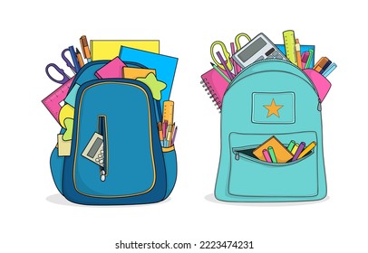 Light blue backpacks full of different school stationery on white background. Illustration