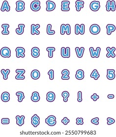 Light blue bag letters with purple letter border with uppercase alphabet, numbers and symbols