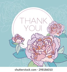 light blue bakgrond, pink peonies floral greeting card