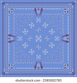 Light Blue Bandana Print. paisley seamless pattern. pattern, flowers, Jazz, saxophone, music, cyan red white pattern template. Silk neck scarf or kerchief square pattern design