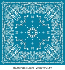 Light blue bandana print. Snake bandana print white on light blue. snake, flowers, mask, decorative geometric line ornament. Silk neck scarf or kerchief square pattern design style.