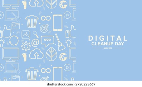 Banner azul claro para o Dia da Limpeza Digital apresentando padrão de ícones de linha branca de computadores, lixo, telefones e símbolos ecológicos, perfeito para campanhas de conscientização de desembocador digital. Ilustração vetorial