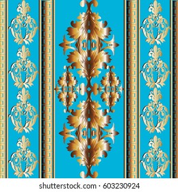Light blue Baroque seamless pattern border. Vector striped floral baroque border background wallpaper with 3d gold vintage flowers, scroll leaves, greek key  and antique 3d damask ornaments. 