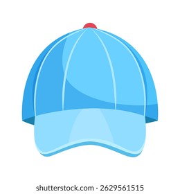 Light blue baseball cap with a red top button, shown in flat cartoon style on white background. Concept of casual fashion accessory. Vector illustration