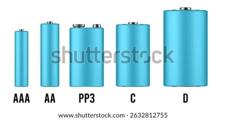Light blue battery mockup. Set of different types of alkaline batteries. AAA, AA, PP3, C and D types. Realistic vector illustration	