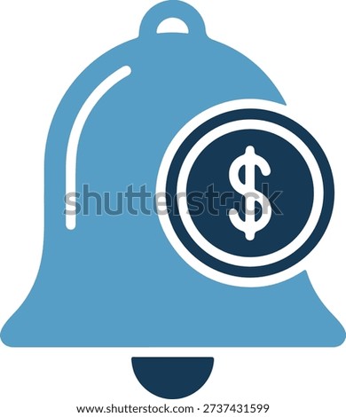 A light blue bell icon with a dark blue circle and white dollar sign on the front, isolated on white background, simple and modern design