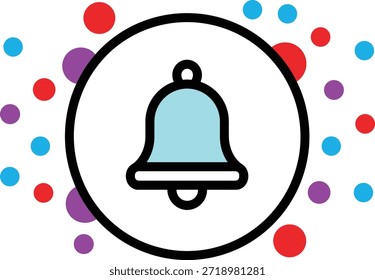 Campana azul claro dentro del círculo negro rodeado de puntos coloridos sonido de alerta de notificación.