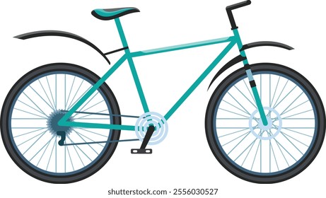 Light blue bicycle with mudguards, black tires, and visible gear shift mechanism resting on a white background, symbolizing active lifestyle and eco friendly commuting